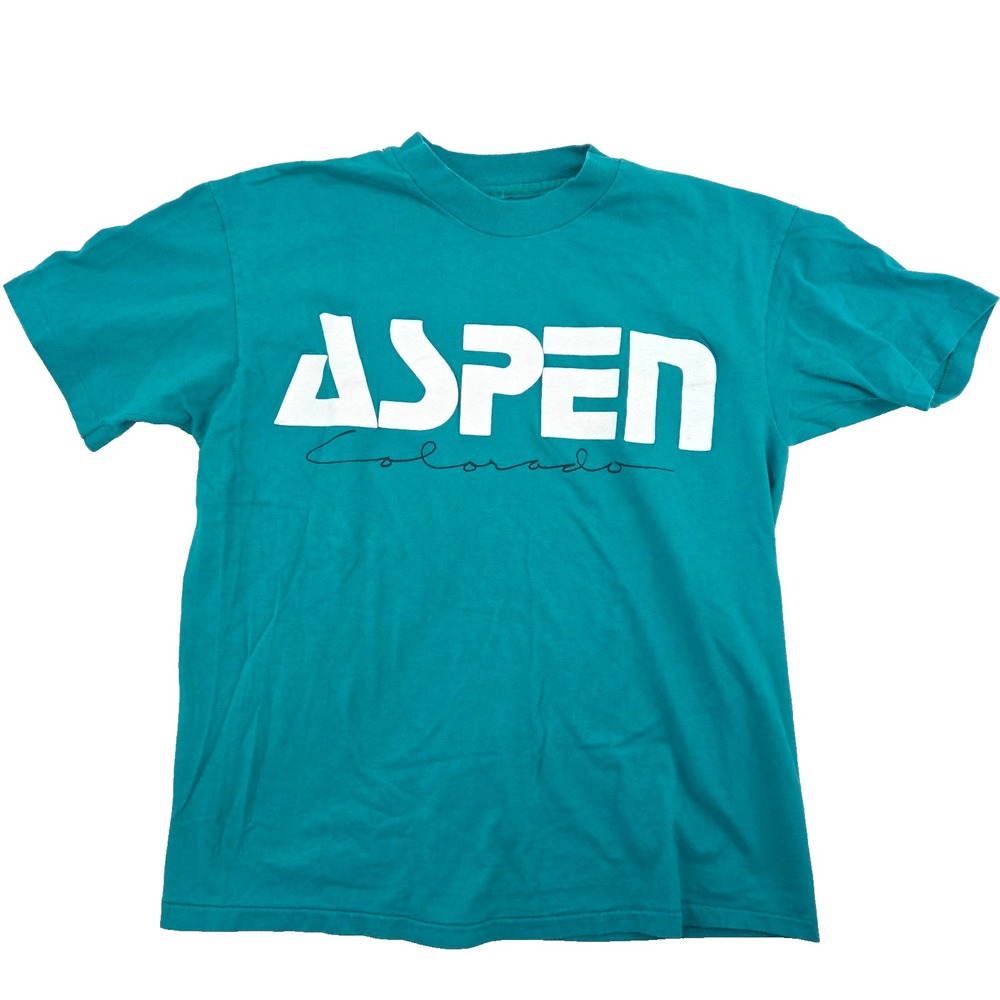 VTG Aspen Colorado Destination Travel Shirt Teal Single Stitch USA Made Medium